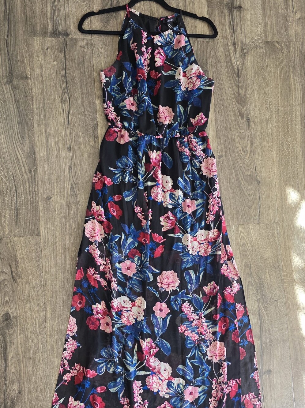 Forever 21 Black Floral Halter Dress with Pink & Blue Blooms
